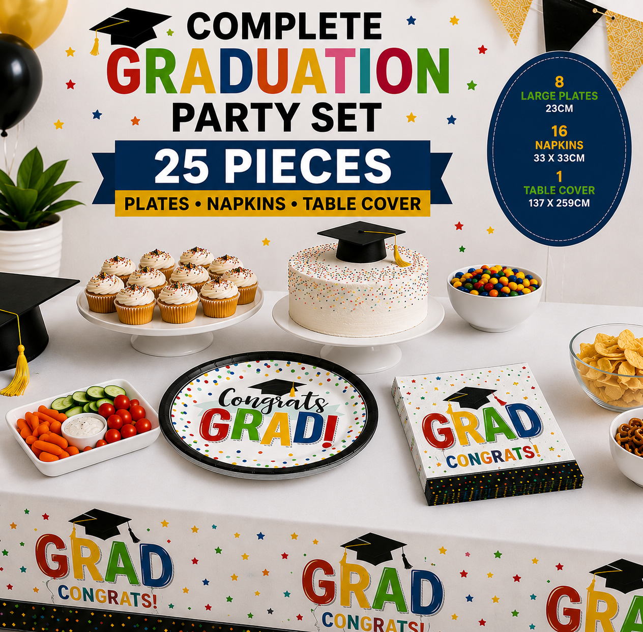 Graduation Party Tableware Set Plates Napkins Table Cover Congrats Grad 25 Piece